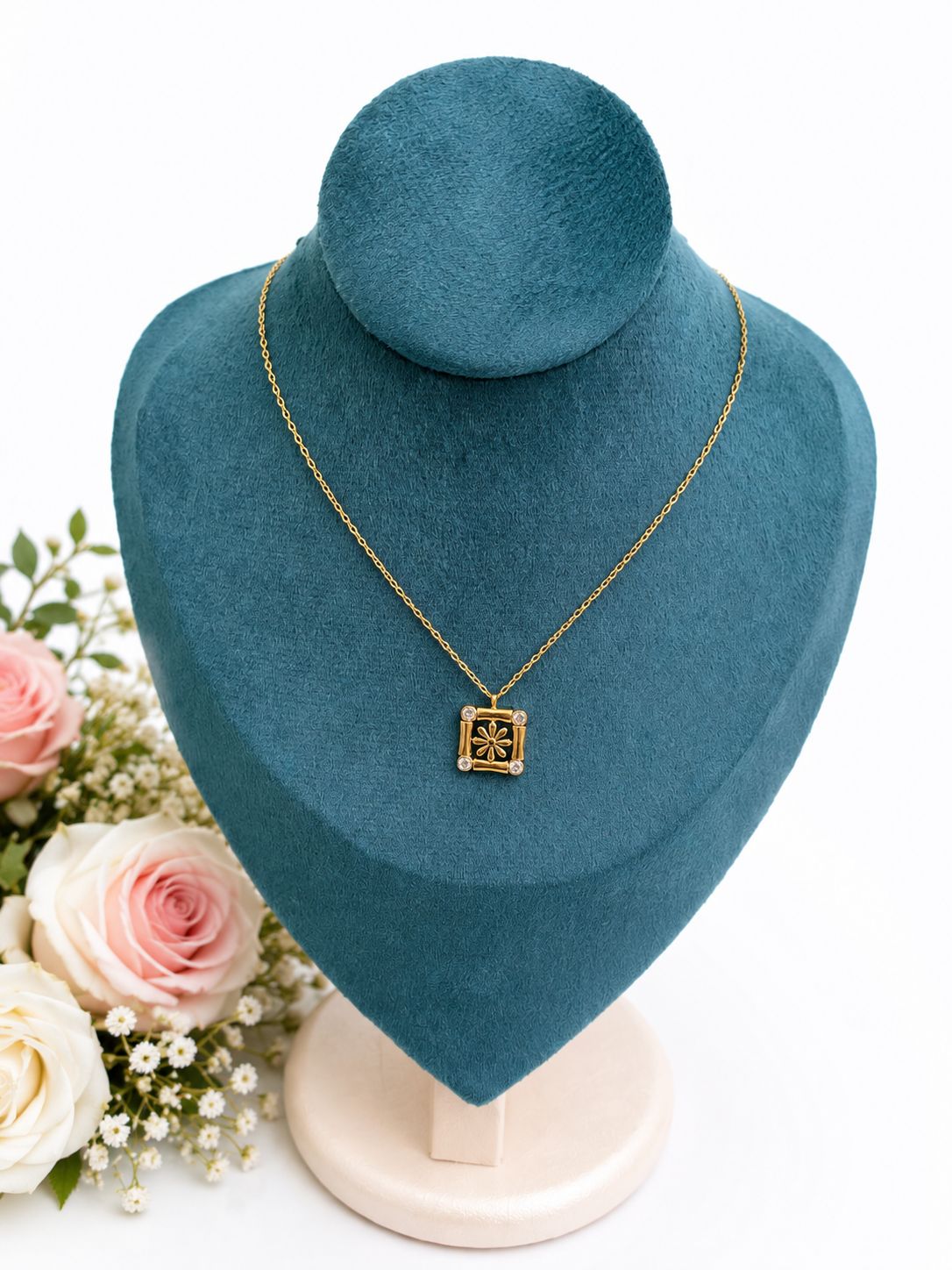 Elegant Floral Square Crystal Anti-Tarnish Pendant Necklace